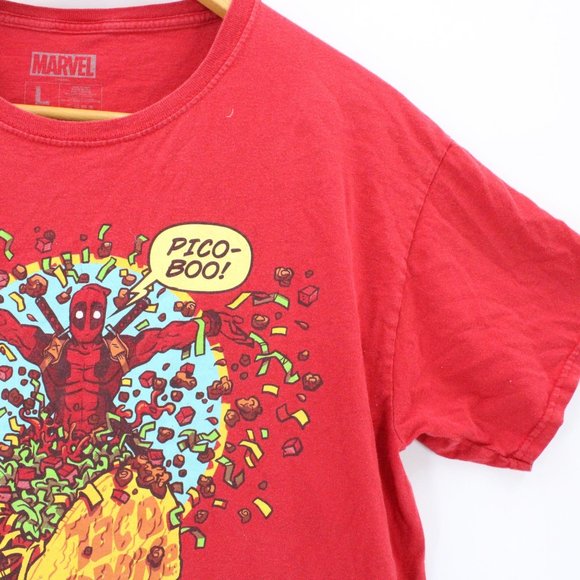 Marvel X Dead Pool Shirt Mens Red Short Sleeve "Taco Surprise" Graphic Logo Sz L - Picture 2 of 8
